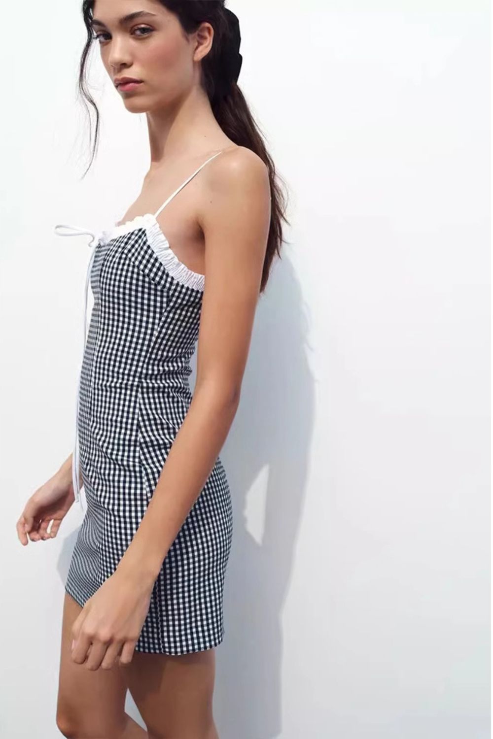 'Isabelle' Contrasting Color Plaid Splicing Suspender Dress