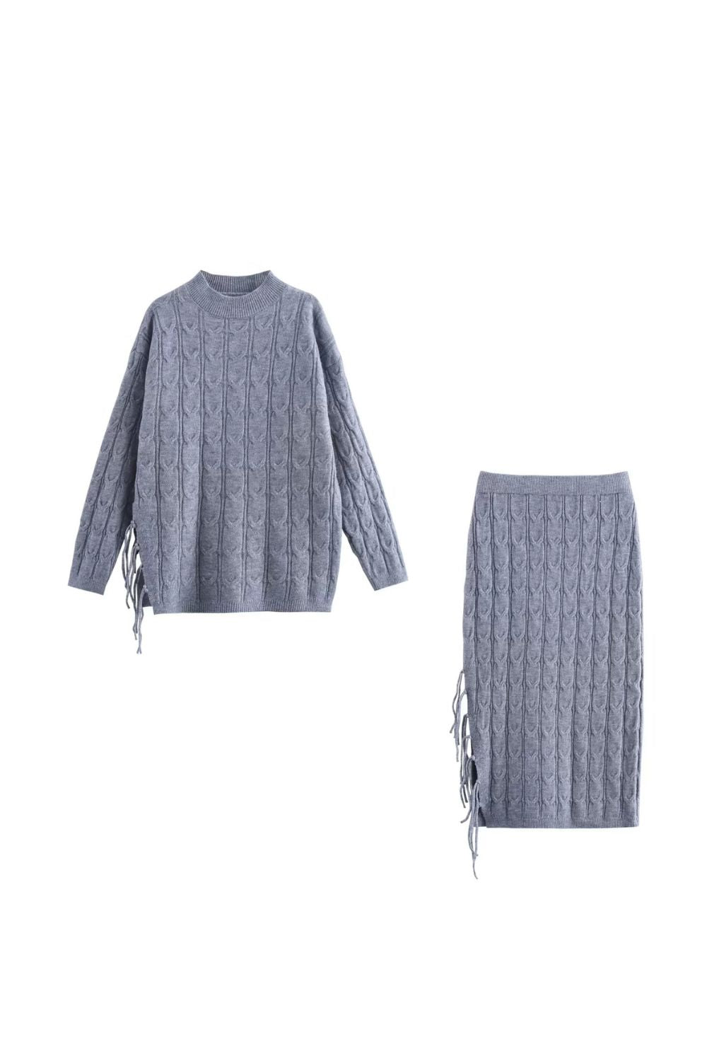 'Ava' Twisted Cable Pullover & Fringe Skirt Knit Set