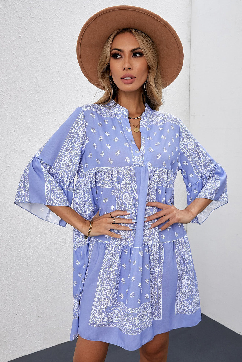 'Gwen' Paisley Three-Quarter Sleeve Mini Dress