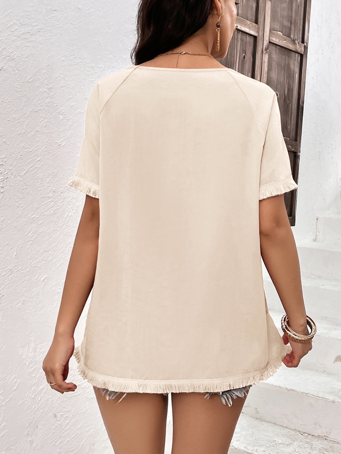 'Erica' Round Neck Raglan Sleeve Fringe Detail Top