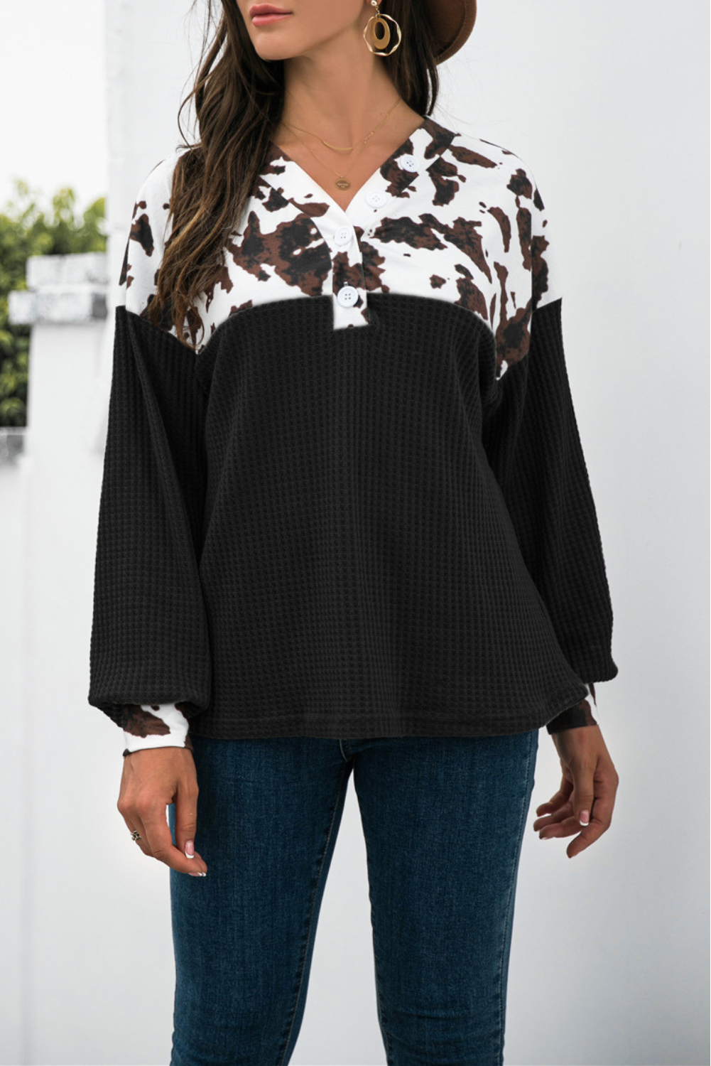 'Helaine' Animal Print Color Block Waffle-Knit Top