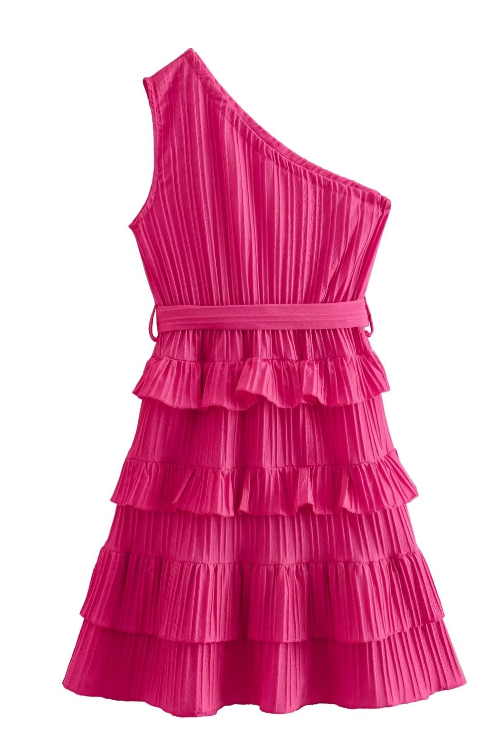 'Ylonna' One-Shoulder Tie-Waist Tiered Dress