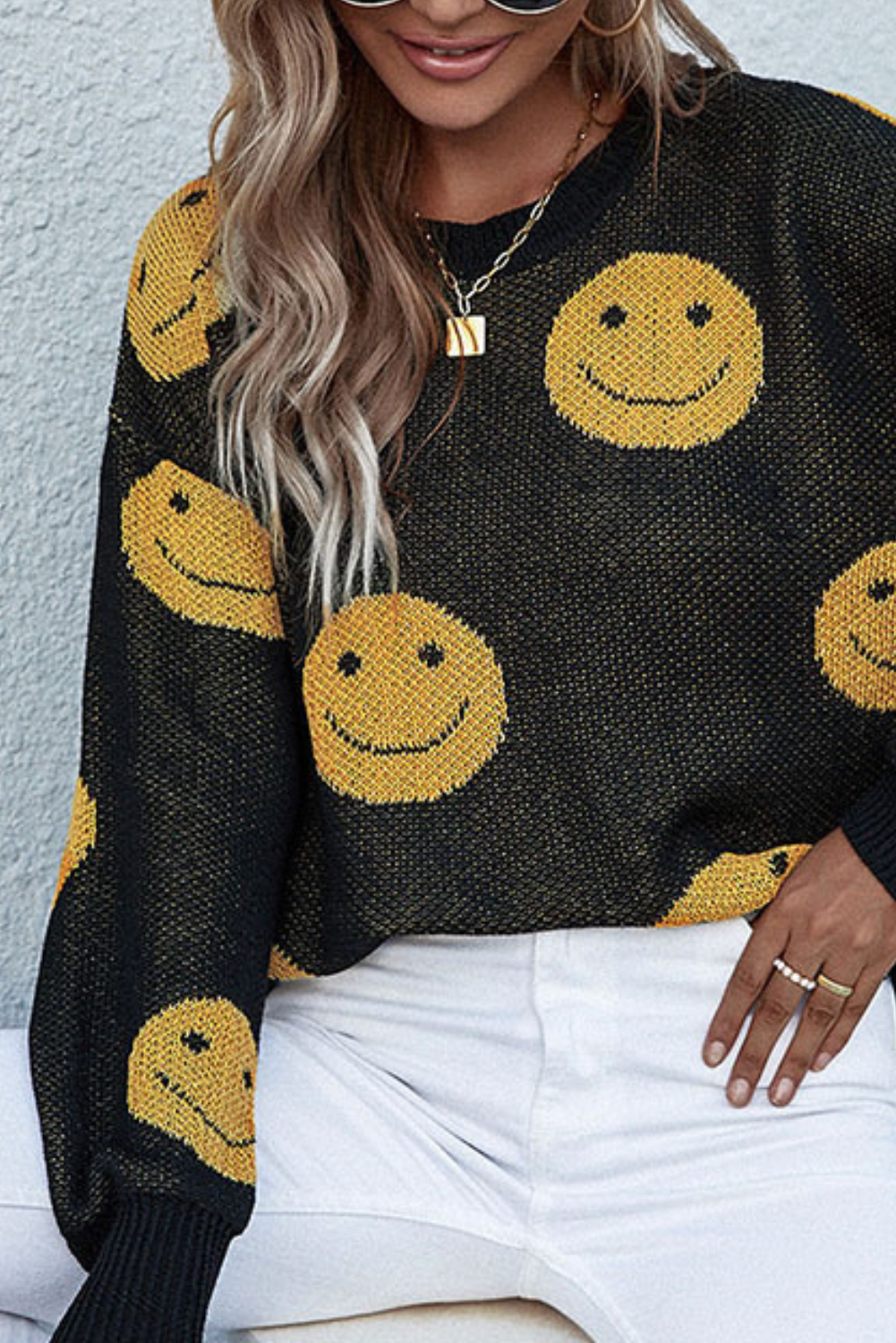 'Rusella' Smiley Face Long Sleeve Black Sweater