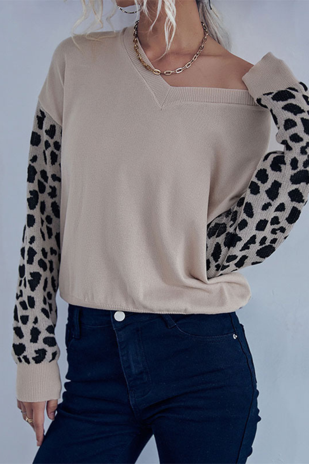 'Alyson' Leopard Sleeve V-neck Thin Sweater