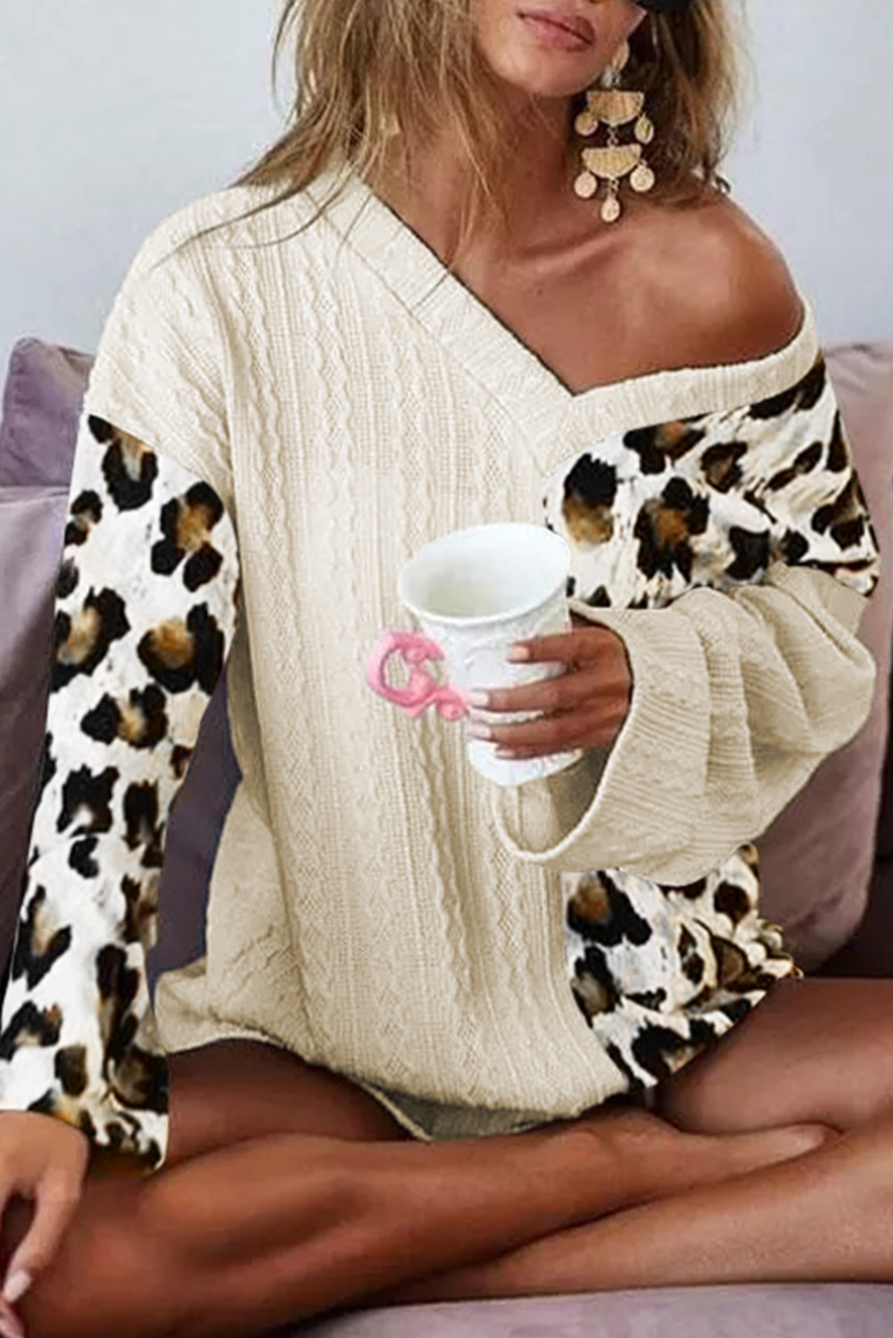 'Amanda' Leopard Sleeve V-neck Sweater