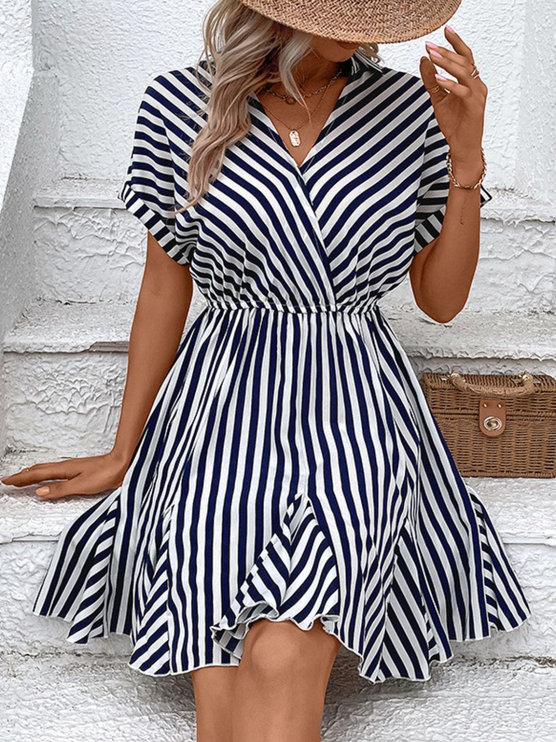 'Octavia' Striped Johnny Collar Mini Dress