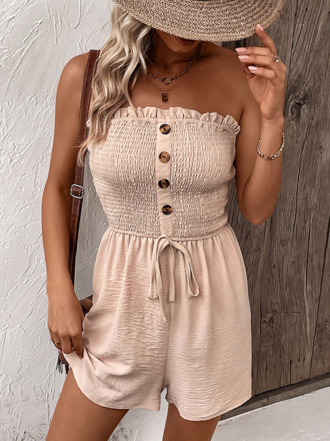 'Carla' Decorative Button Smocked Strapless Romper
