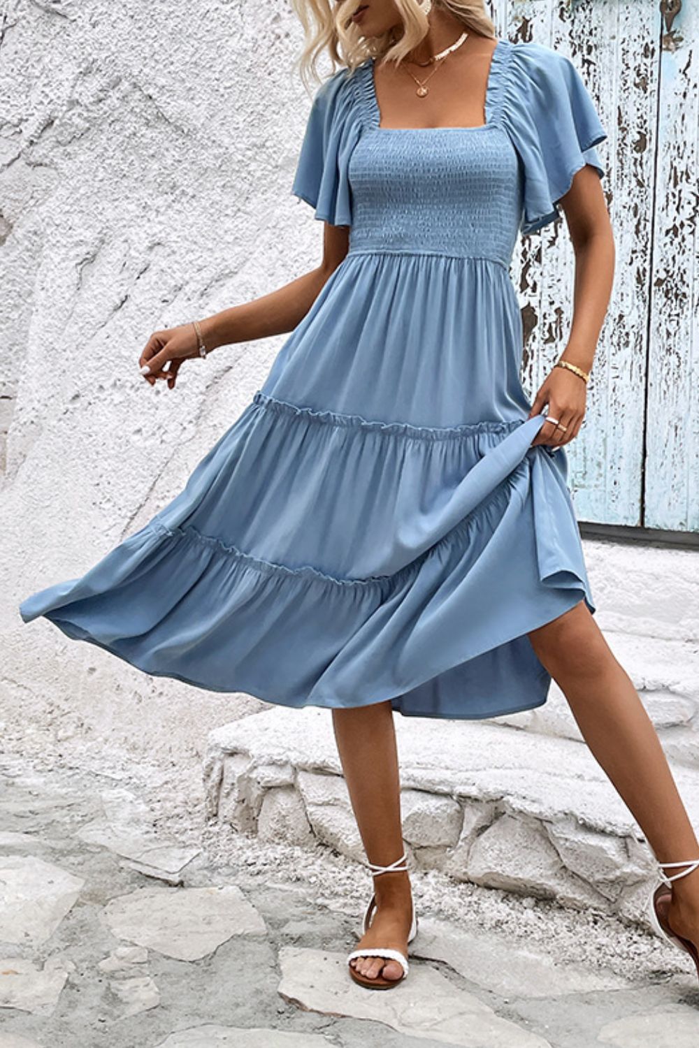 'Lianna' Smocked Square Neck Frill Trim Dress