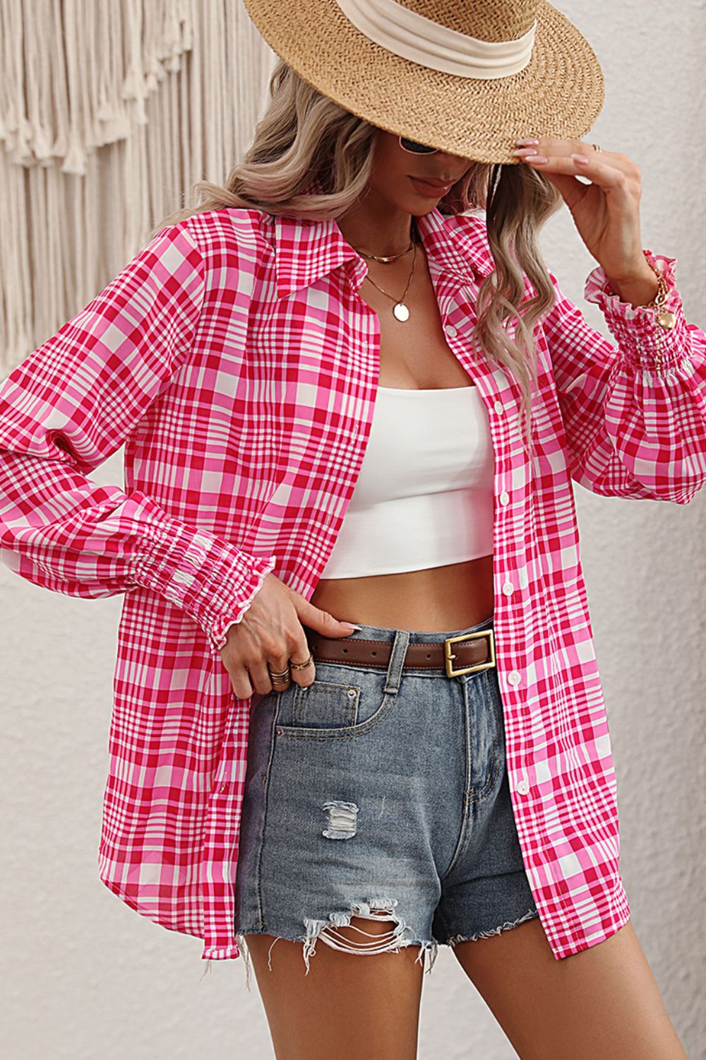 'Serena' Plaid Lantern Sleeve Shirt