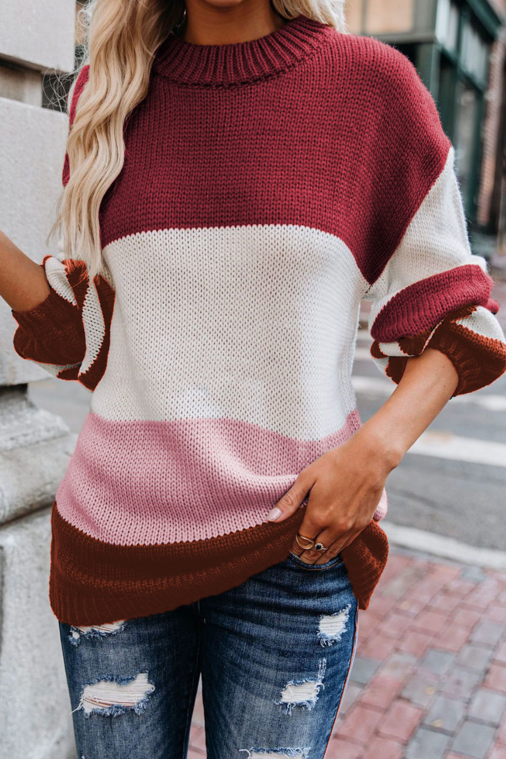 'Raquel' Full Size Loose Crew Neck Striped Sweater (7 Colors)