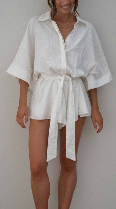 Collared Lace-Up Romper #166813