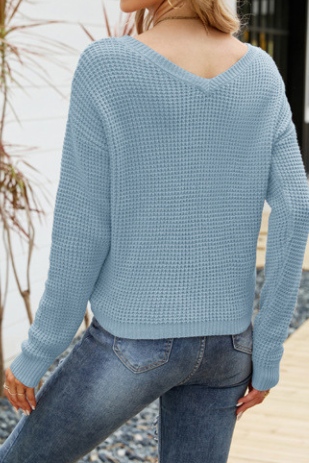 'Tina' V-neck Waffle Drawstring Knitted Top (4 Colors)