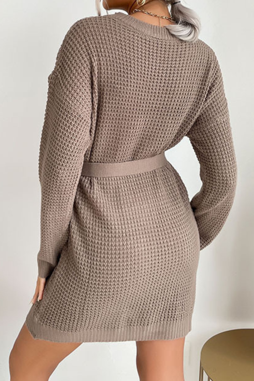 'Naomi' Waffle Knit Belted Long Sweater