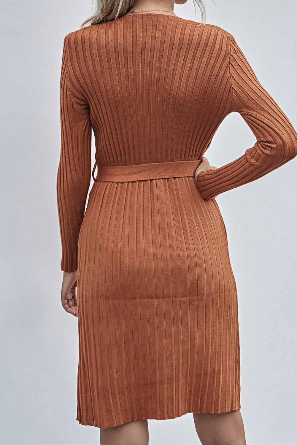 'Fia' V-neck Knit Long Button Dress with Belt
