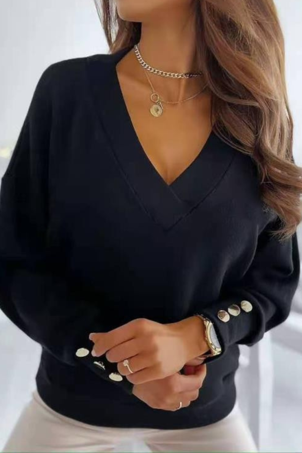 'Abbey' V-neck Buttoned Batwing Sleeve Top (4 Colors)