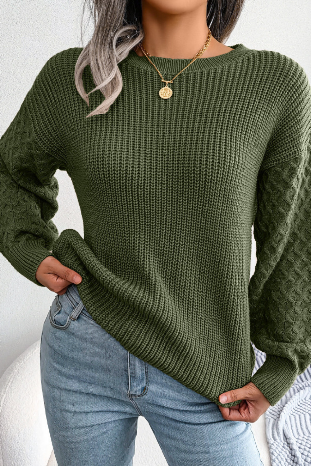 'Leila' Cable Knit Sleeve Ribbed Sweater (3 Colors)