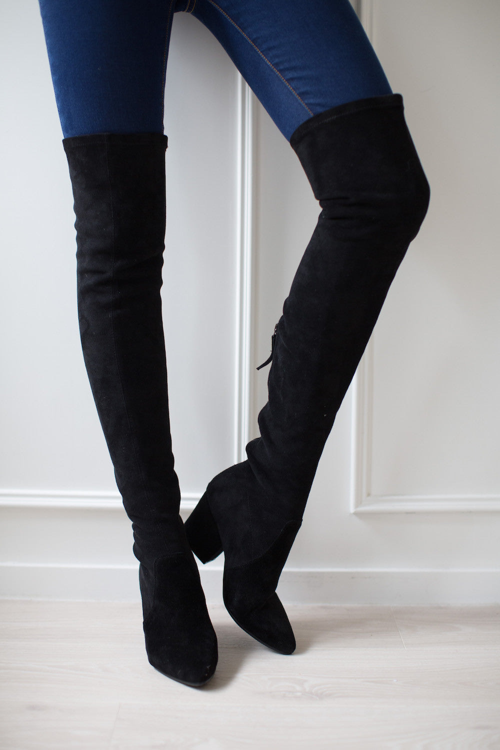 'Ellis' Black Classic Over The Knee Suede Leather Boots