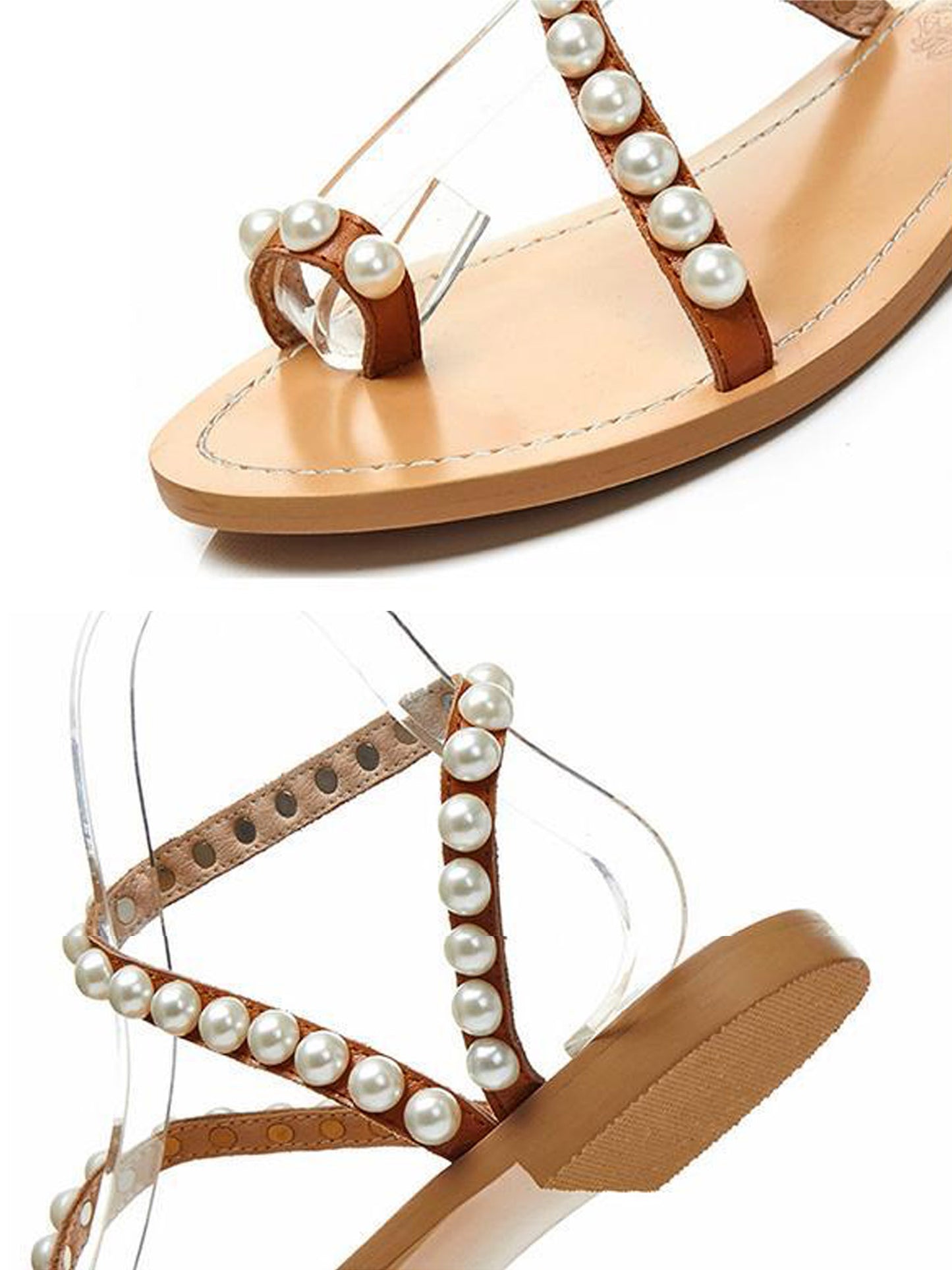'Luna' Pearl Studded Tan Strap Sandals