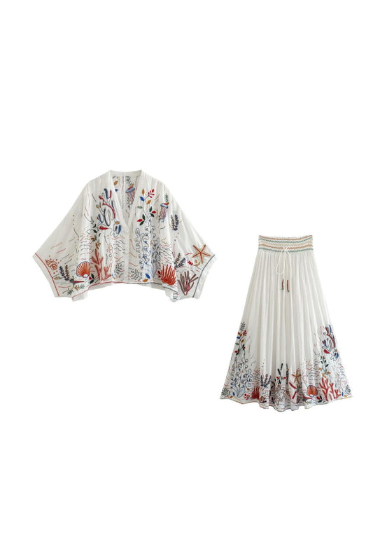’Sadie‘ Embroidered Batwing Shirt & Stretch Waist Skirt Set (Sold Separately)