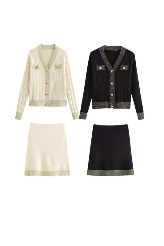 'June' Long Sleeve Gold Thread Knit Set (Cardigan & Skirt)