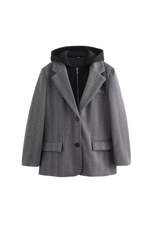 'Charlotte' Hooded Patchwork Herringbone Suit Jacket