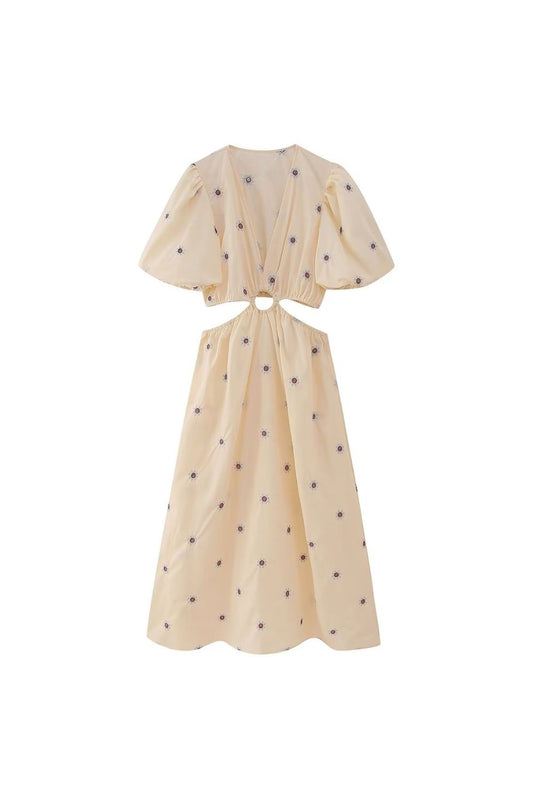 ’Lydia‘ V-Neck Puff Sleeves Embroidered Openwork Waist-Cinching Dress