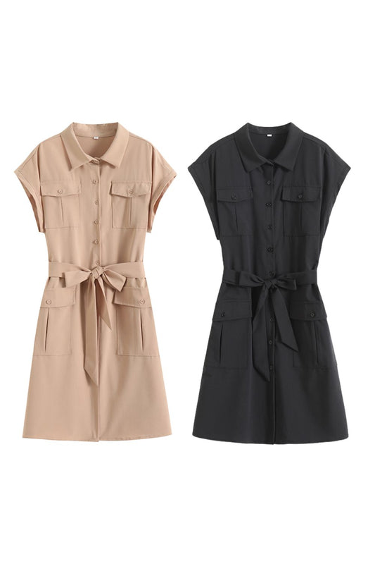 ‘Maisie’ Utility Style Collared Tie-Belt Pocket Short Sleeve Dress (2 Colors)