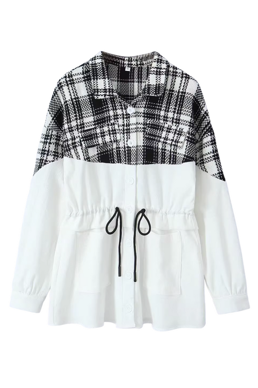'Nikki' Plaid and Solid Block Drawstring Jacket