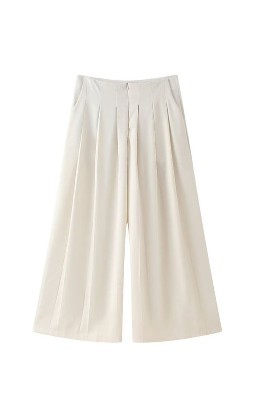 'Amelia' Minimalist Pleated Straight Wide-Leg Trousers