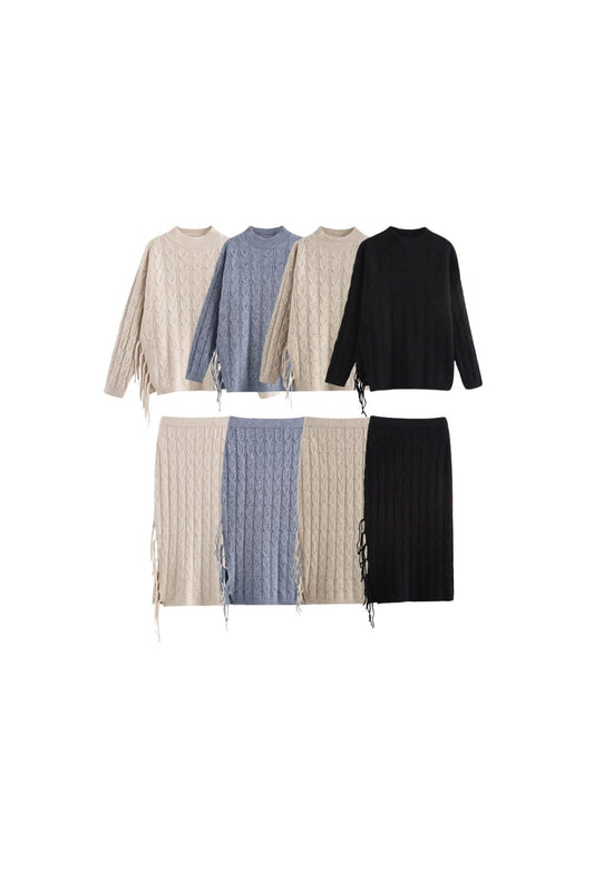 'Ava' Twisted Cable Pullover & Fringe Skirt Knit Set