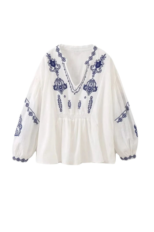 'Emily' V-neck Embroidered Casual Shirt Top