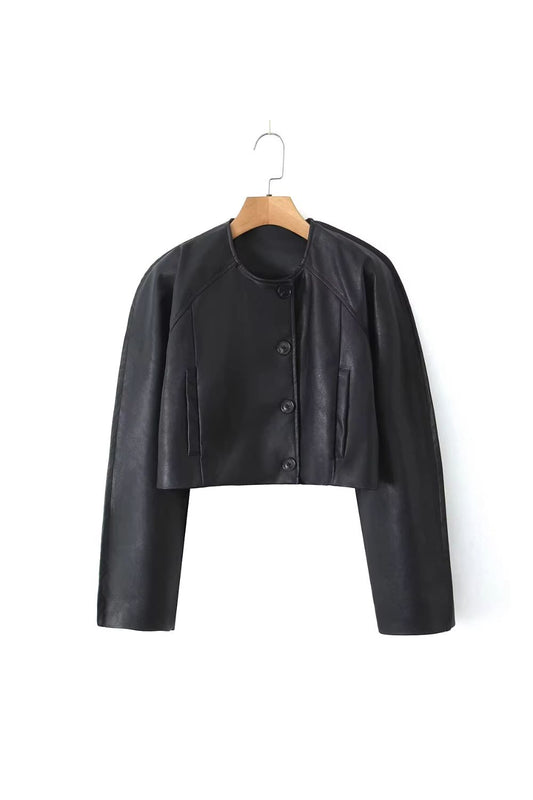 'Raelynn' Round Neck Long Sleeve Short Leather Jacket