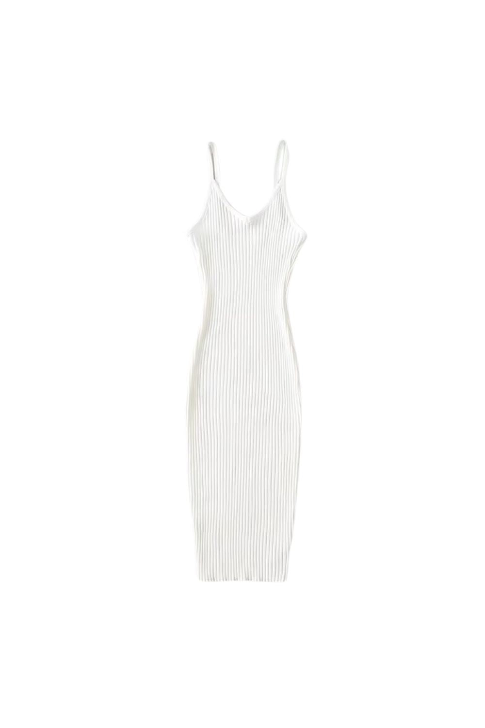 'Leah' V-Neckline Delicate Spaghetti Straps Ribbed midi Dress