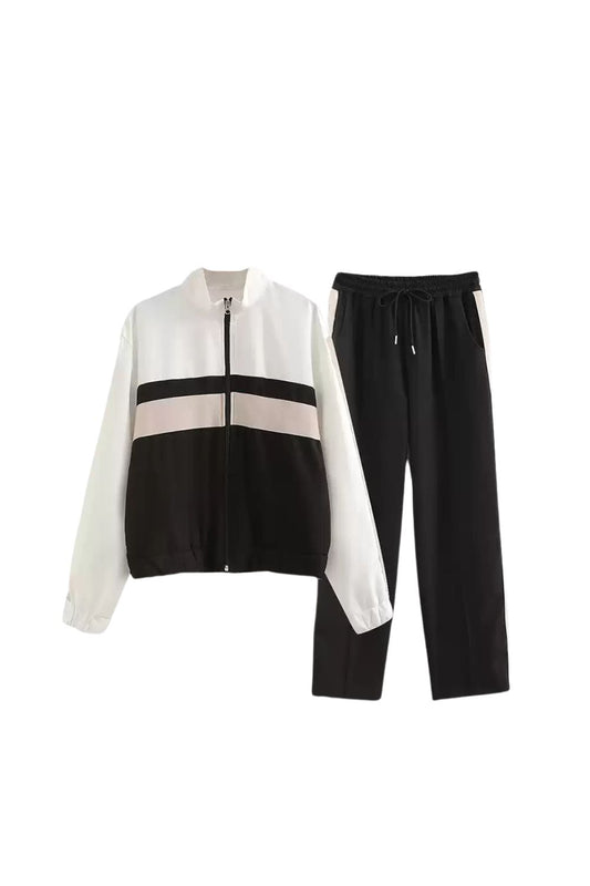 'Emily' Striped Trim Zippered Aviator Jacket & Pant Set