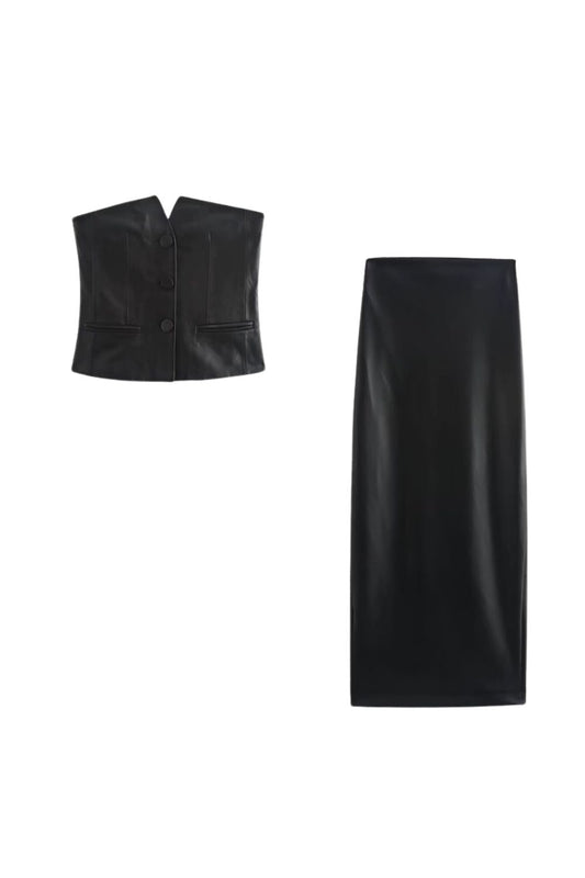 'Lillian' Buttoned Faux Leather Crop Top  & Skirt Set (Sold Separately)
