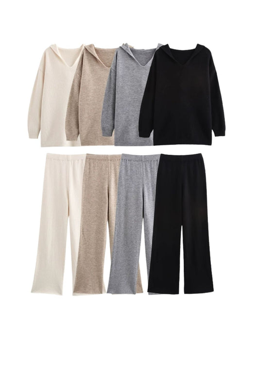 'Lydia' Hooded Pullover Sweater & Wide-Leg Pants Set