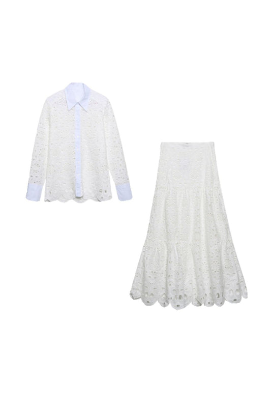 ‘Madison’ Color-Blocked Embroidered Lace Shirt & Skirt Set（Sold Seperately)