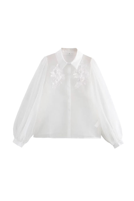 'Rachel' Organza See-Through 3D Flower Shirt
