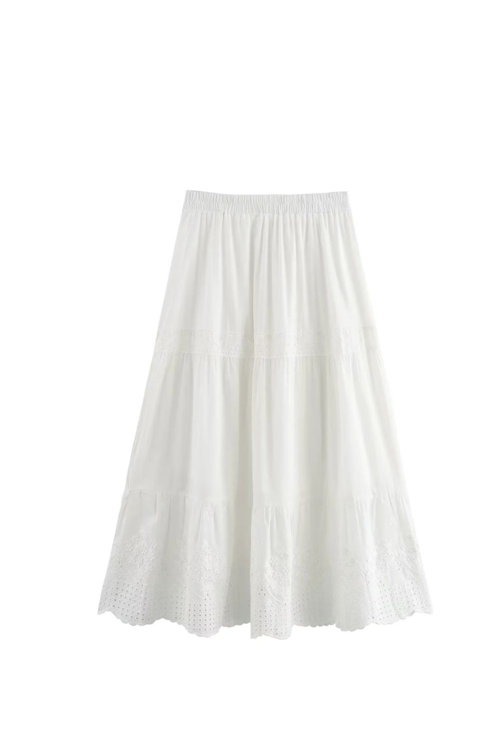 ‘Poppy’ Embroidered White Elastic Waist  Midi Skirt
