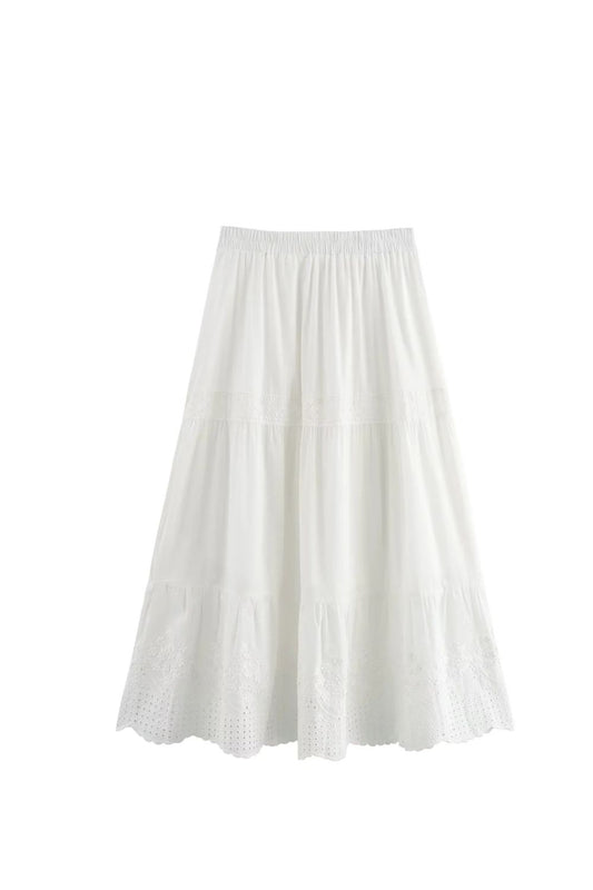 ‘Poppy’ Embroidered White Elastic Waist  Midi Skirt