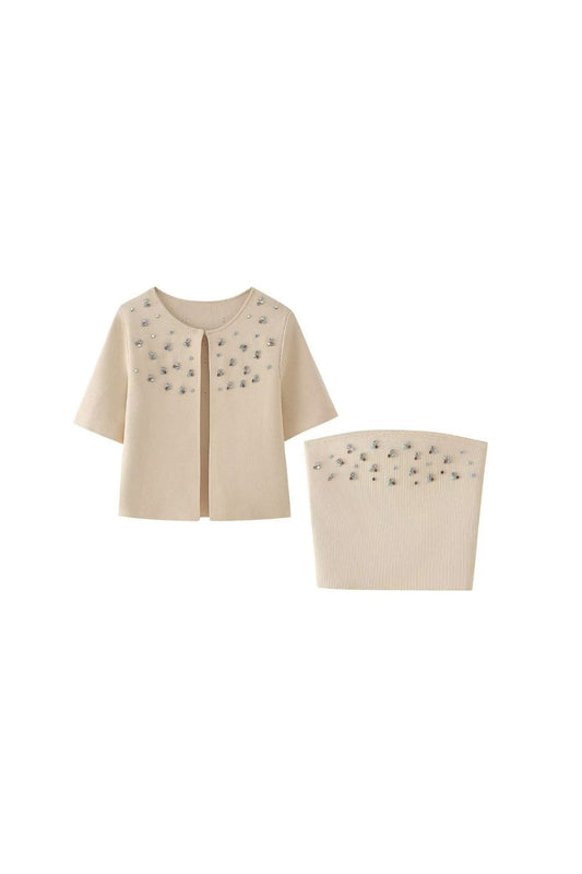 'Yaroslava' Diamante Knit Cardigan & Strapless Top Set