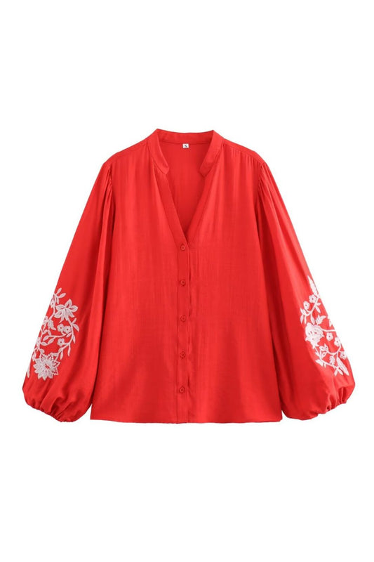 ‘Poppy’ V-neck Embroidered Long Sleeve Top