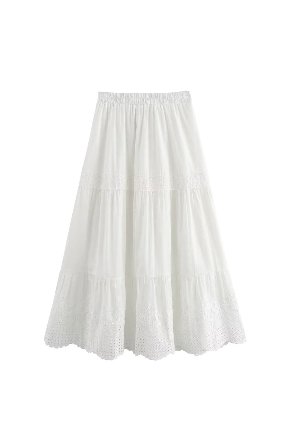 ‘Poppy’ Embroidered White Elastic Waist  Midi Skirt