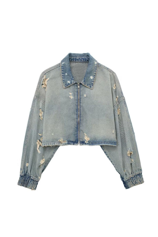 ‘Avery’Ripped Denim Decorated Short Jacket Coat