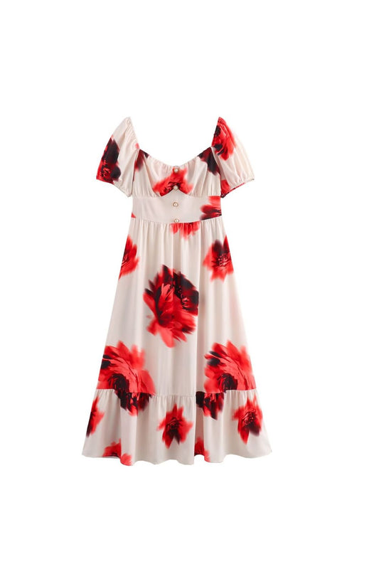 'Holly' Floral Print Short Sleeve Cinched Waist Dress