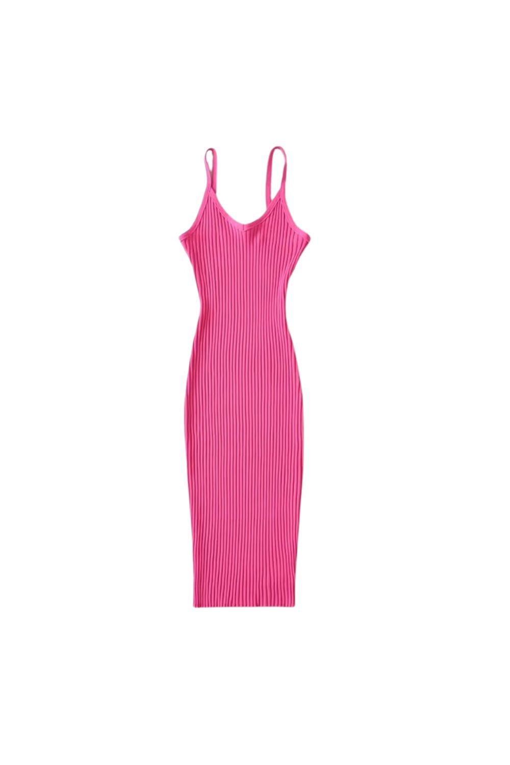'Leah' V-Neckline Delicate Spaghetti Straps Ribbed midi Dress