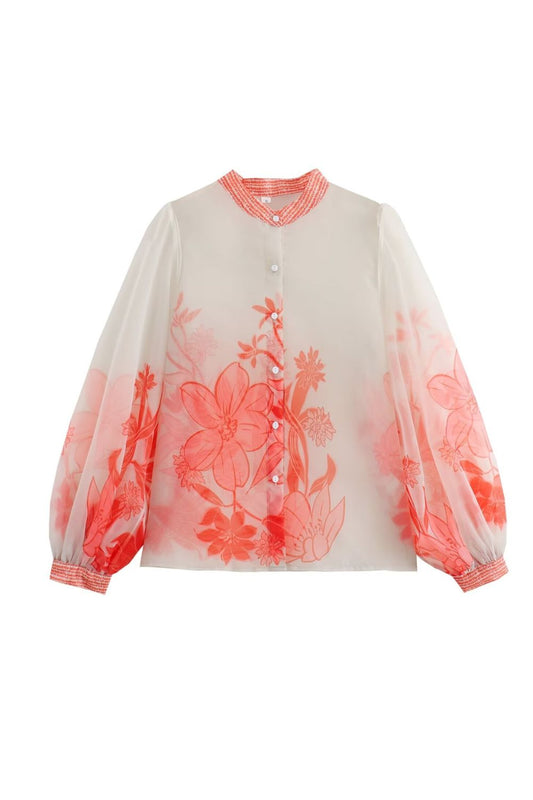 ‘Poppy’ Simple Floral Print Sheer Long Sleeve Blouse