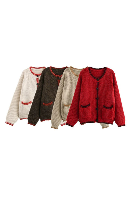 ‘Daina' Color-Block Round Neck Knitted Cardigan