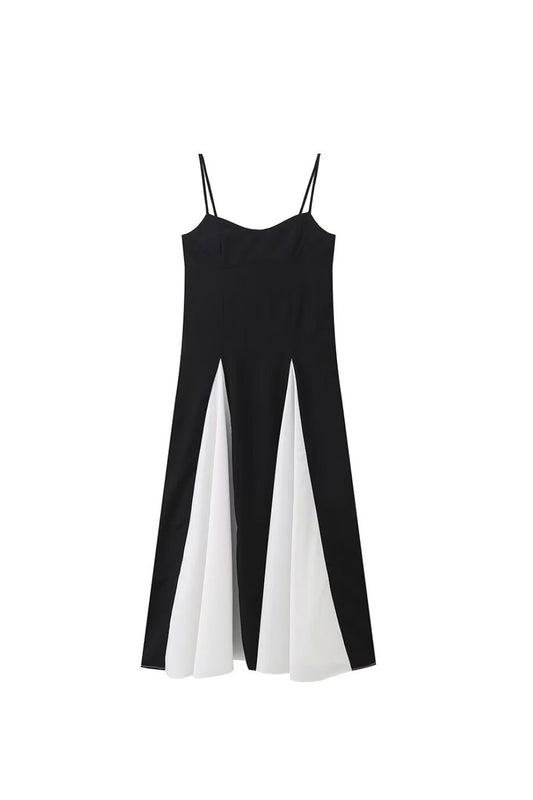 'Evie' Spaghetti Strap Black and White Patchwork Maxi Dress