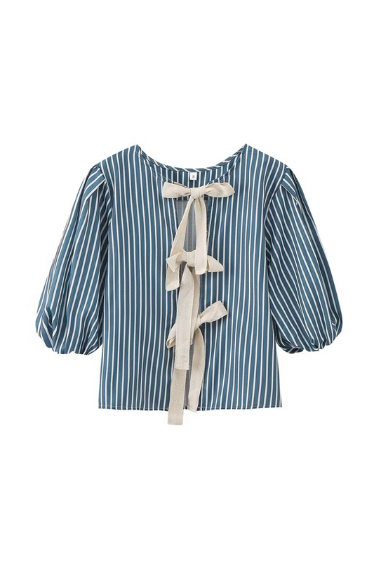 'Isabelle' Striped Bow Lace-Up Short Sleeve Top